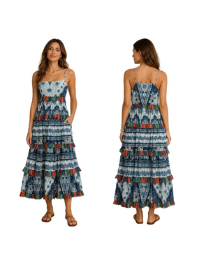 Farm Rio Blue Palms Tiered Midi Dress XL NWT | Tropical Resortcore Boho Coastal